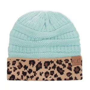 CC Classic Solid Mint With Leopard Cuff Beanie